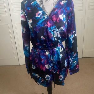 Penelope Tree Silky Satin Surplice Floral Romper Black Blue Purple sexy dressy